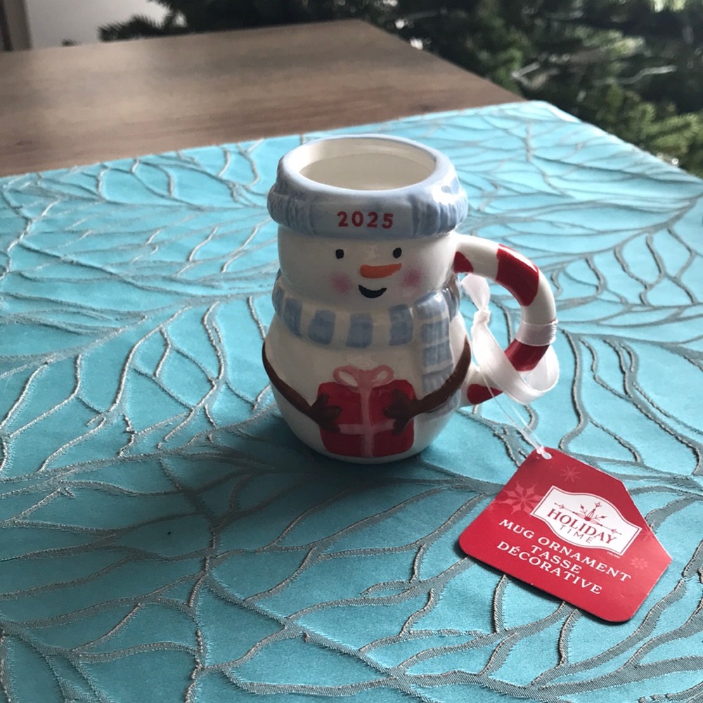 Holiday Time 2025 Snowman Christmas Mug Ornament with Candy Cane Handle
